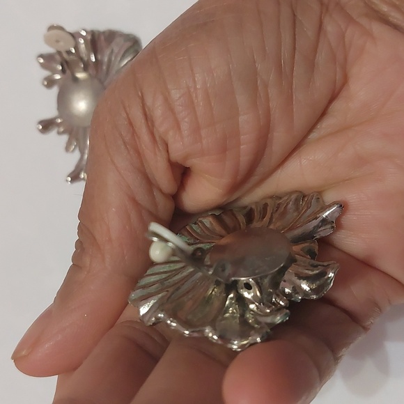 Vintage Rhinestone Embellished Clip On Earrings Silver Tone - Picture 4 of 6